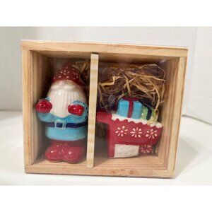World Market Salt & Pepper Christmas Santa Gnome & Gift Cart Ceramic NEW